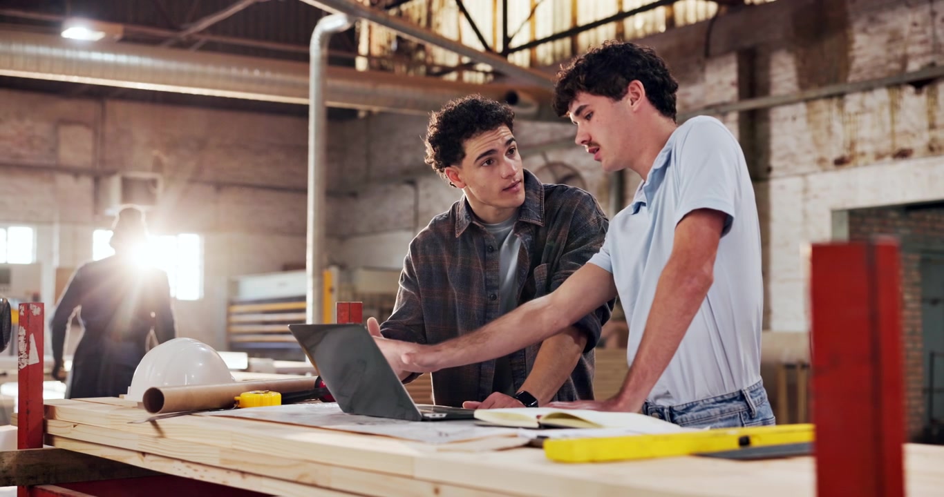 Two Carpenters Discussing Project Plans on Laptop in Workshop