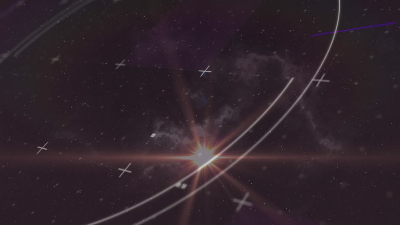 Animation of celestial bodies and orbit lines in starry night sky with glowing star