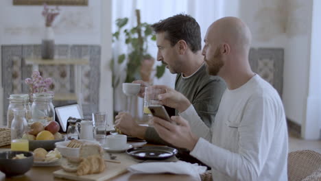 gay couple using gadgets while having breakfast in kitchen