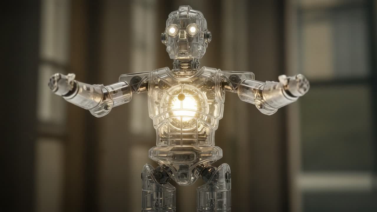 A Transparent Robot with a Glowing Core: Exploring the Visual Dynamics of a Futuristic Design in a Captivating Context