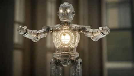 a transparent robot with a glowing core: exploring the visual dynamics of a futuristic design in a captivating context
