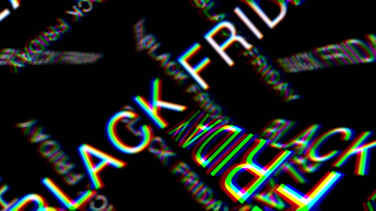 BLACK FRIDAY Fly Through 3D Text Keyword Animation. Abstract Concept with Black Background. RGB Chromatic Aberration