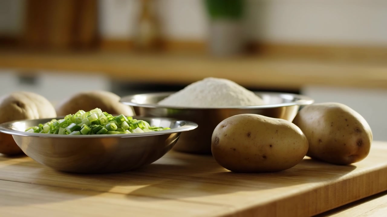 Whole unpeeled potatoes sit next to shallow metal bowls holding finely chopped green onions and a mounded white powder ingredient, forming a tidy arrangement on a wooden board in warm light.