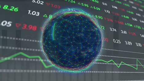 animation of light trails over spinning globe against statistical and stock market data processing