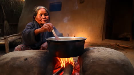 elderly woman cooking outdoors over an open fire
