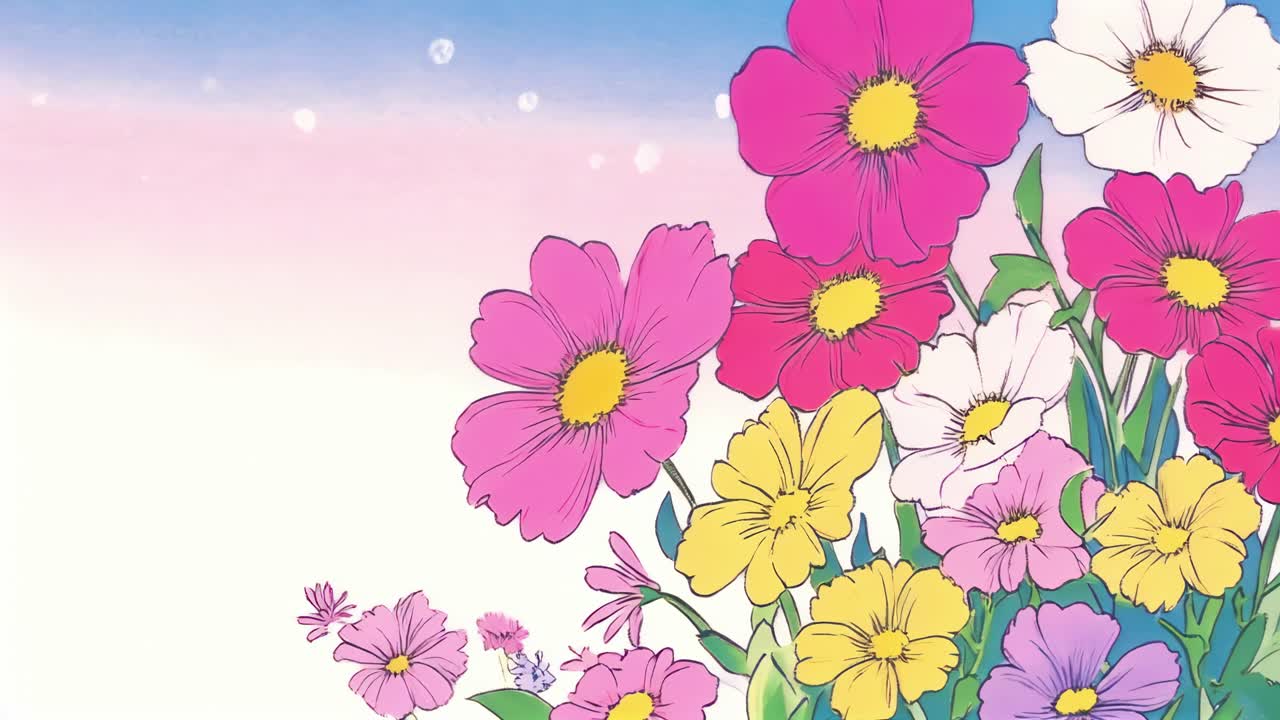 Vibrant anime-style flowers against a pastel sky, captured from a low angle