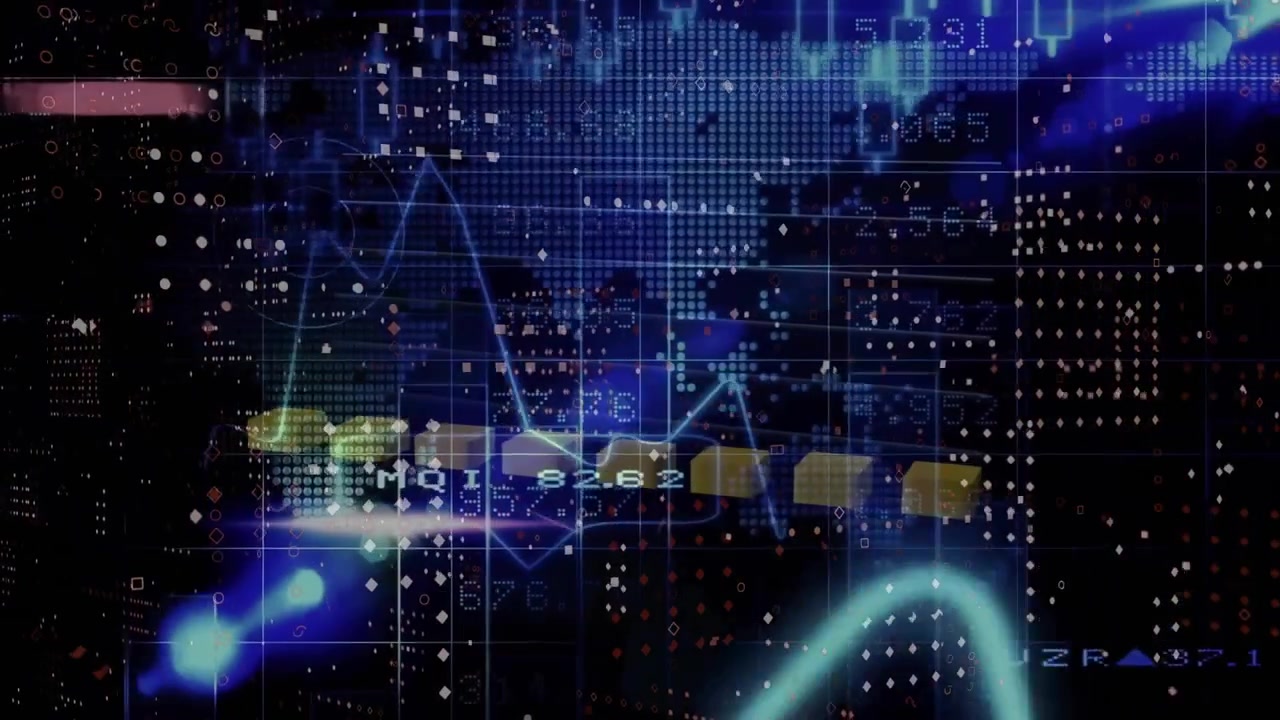 Animation of financial data processing over world map on dark background