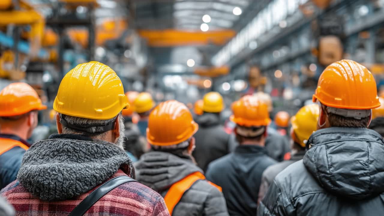 A Group of Workers in Safety Helmets Observing Their Surroundings in a Large Industrial Facility, Highlighting Teamwork and Safety Protocols in the Workplace
