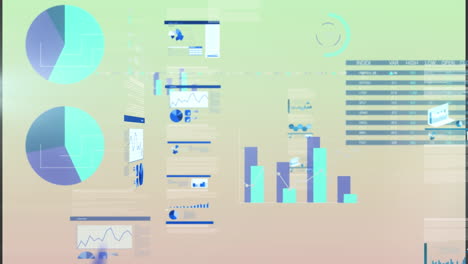 animación de rectángulos rojos que forman un círculo contra datos, gráficos, gráficos en la interfaz digital