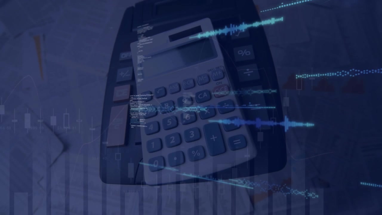 Animation of statistical data processing against calculator falling over documents
