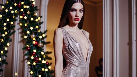 woman in a sparkly dress near a christmas tree