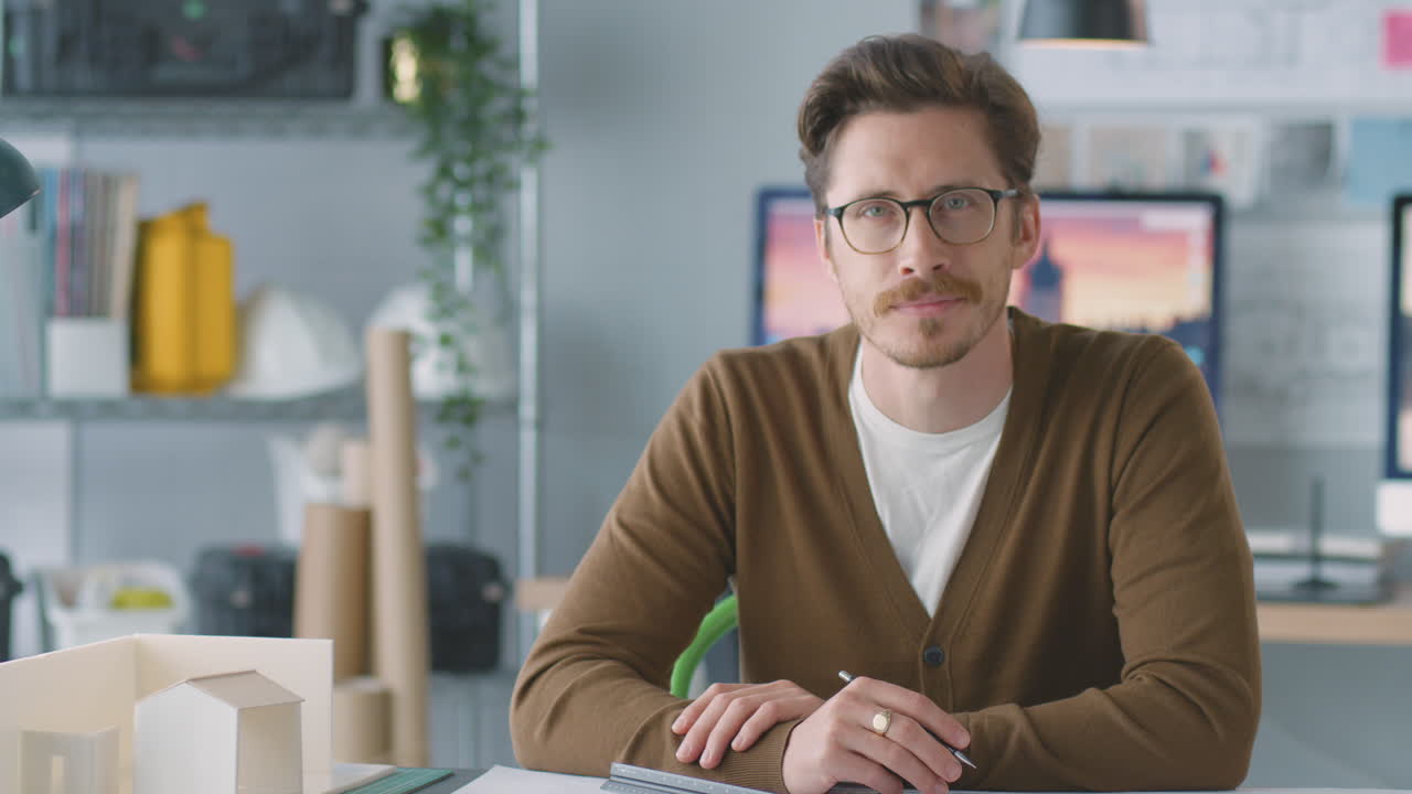 retrato de arquitecto masculino en una oficina trabajando en un escritorio con un modelo de edificio