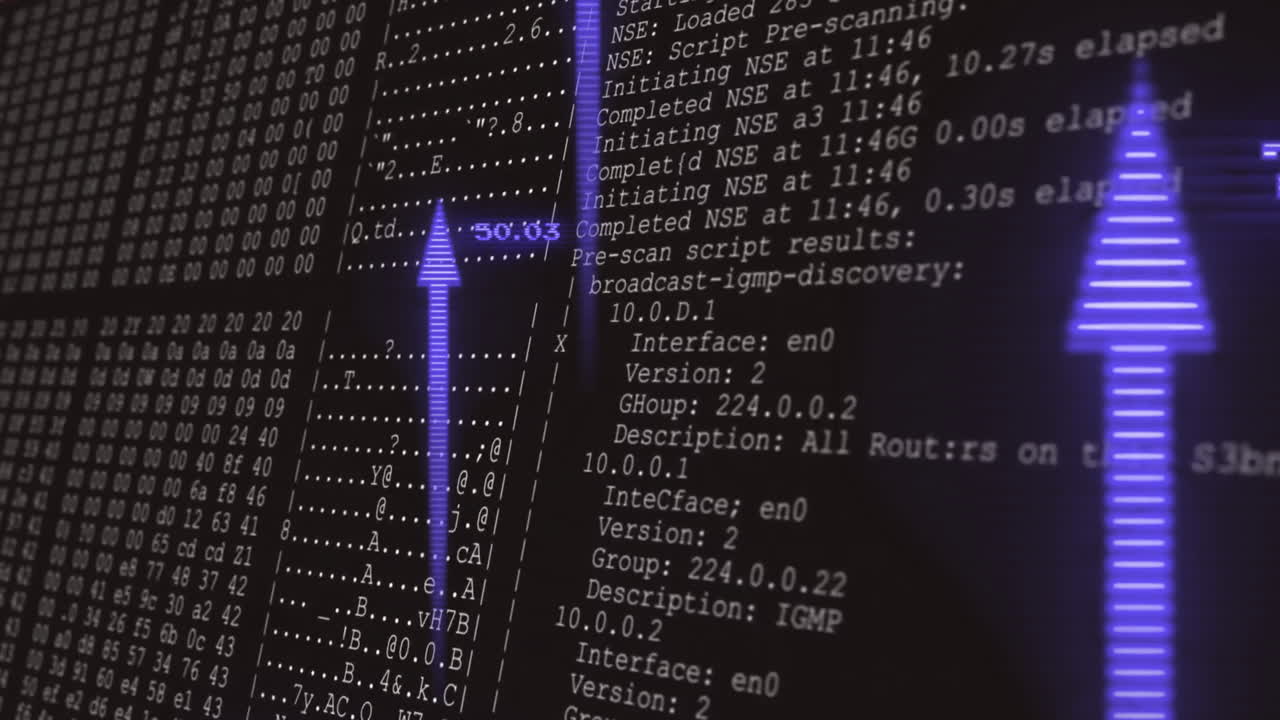 Animation of arrows over data processing on black background