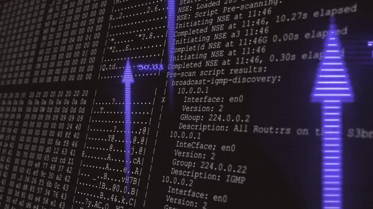 Анимация стрелок над обработкой данных на черном фоне