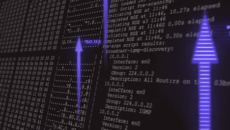 Animation of arrows over data processing on black background