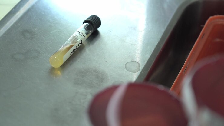 Two test tubes with yellow liquid rest on a metal surface in a clinical laboratory setting