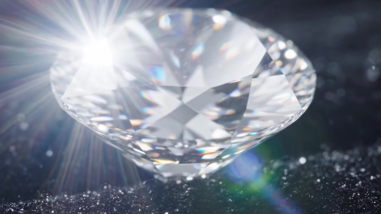 Gnistrende edelsten: Fanger de strålende refleksjonene og utsøkte detaljene av en polert diamant på en mørk, skimrende overflate i høy definisjon