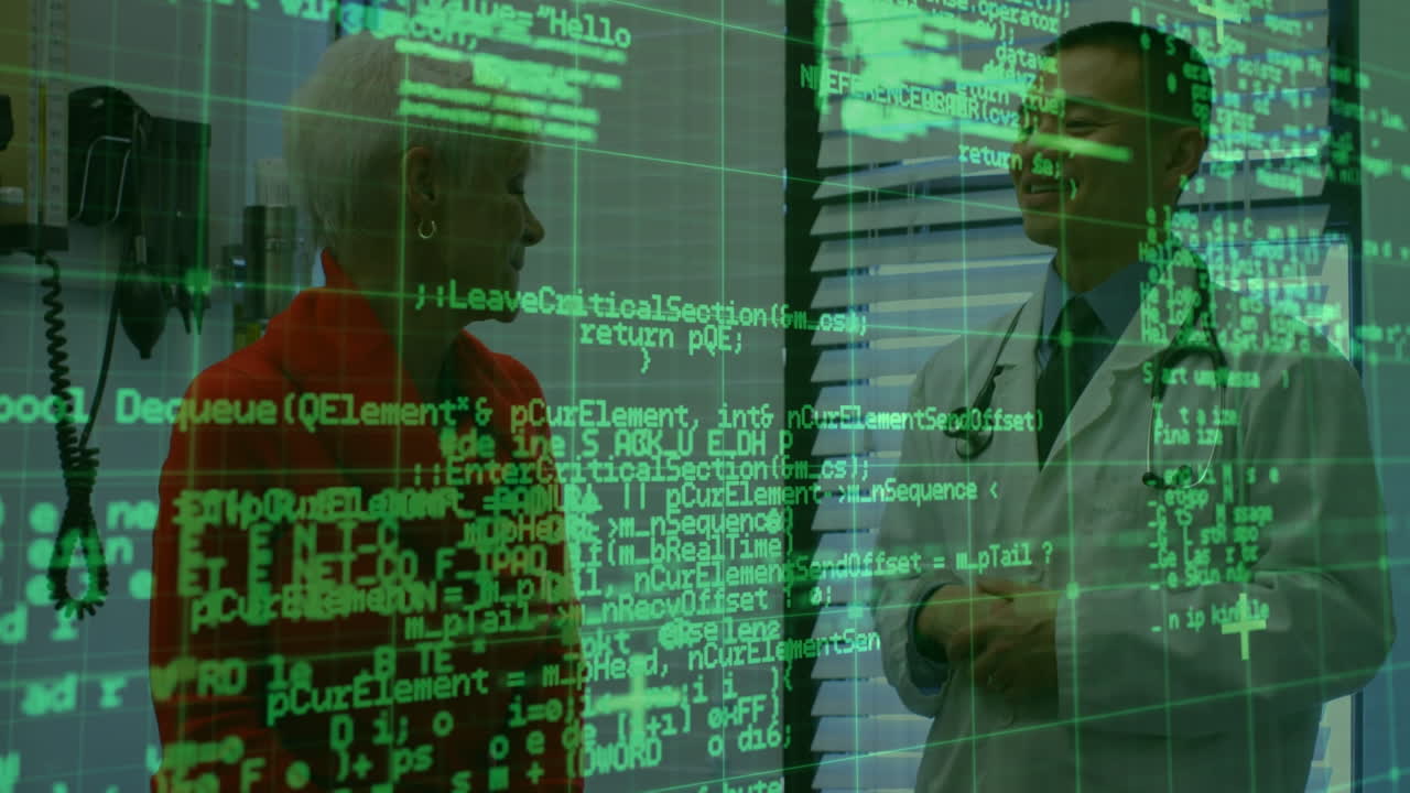 Animation of data processing over biracial male doctor and senior patient talking