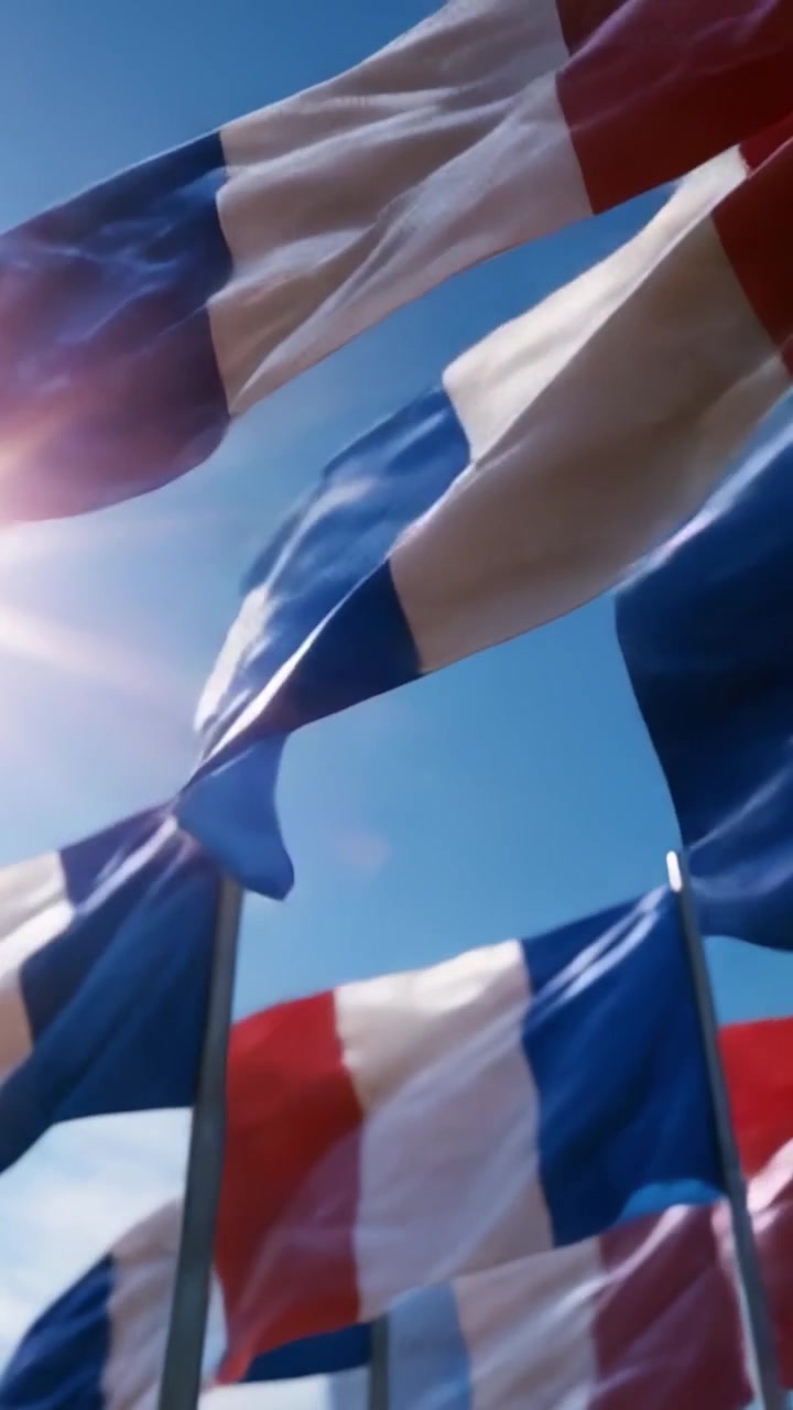 Vibrant Display of French Flags in Motion Under Clear Sky with Illuminating Sunlight Enhances the Symbolism of National Identity and Pride