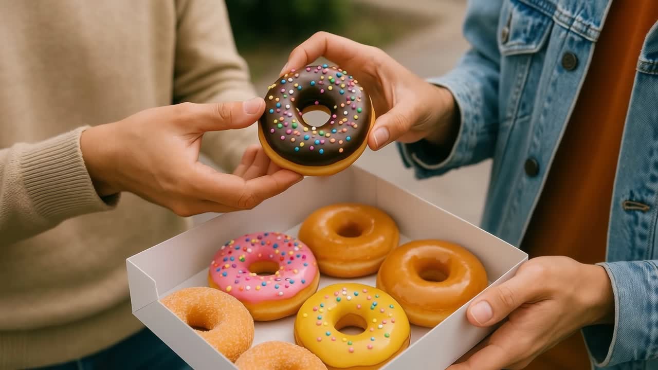 Kutudan alınarak el değiştiren şekerlemeli bir donutın yakın çekim görüntüsü, canlı ve gündelik bir anı yakalıyor