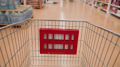 a person moving a shopping trolley down an aisle in a mall. captured with a handheld camera, the video showcases the shopping experience, emphasizing the dynamic motion and bustling retail environment