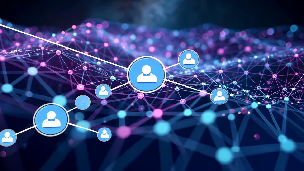 Loading digital network causing blue user icon emerging in mesh forming radial connections
