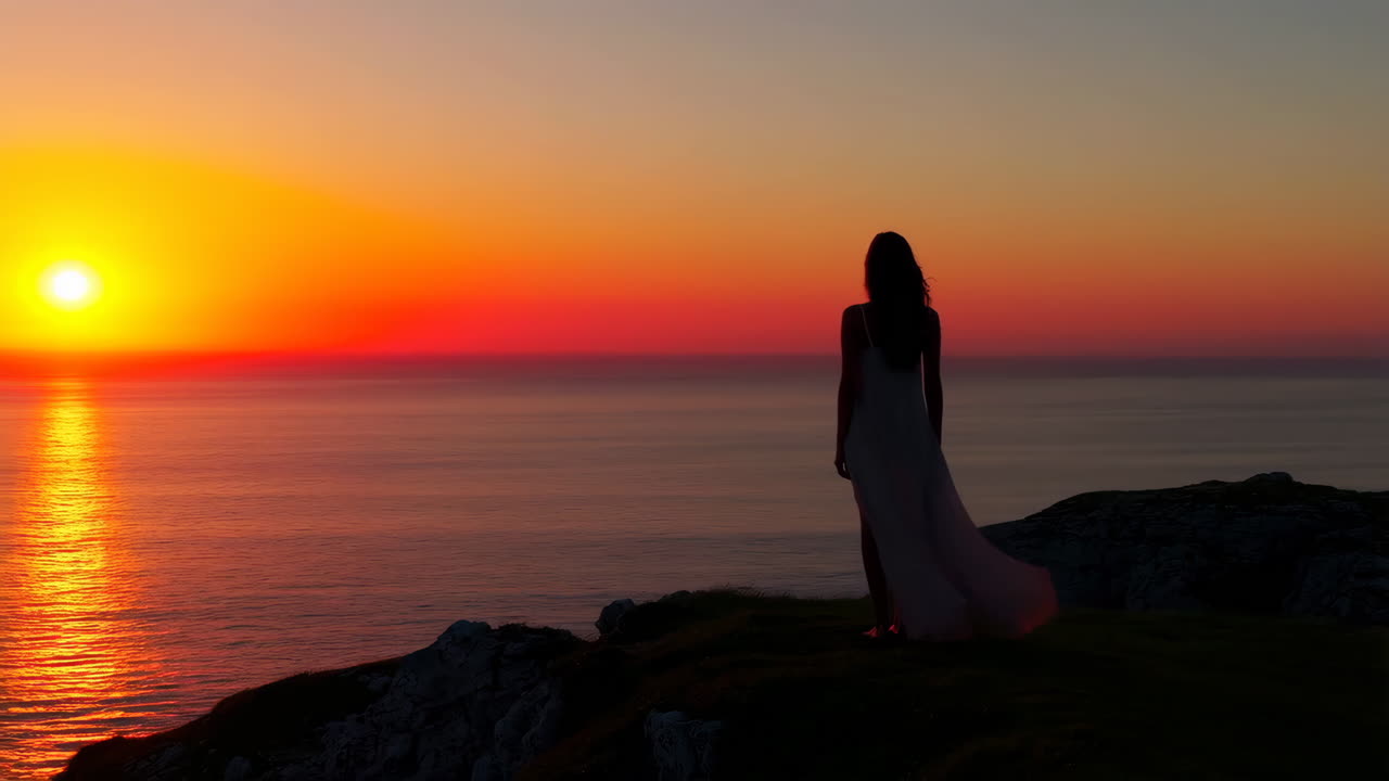 Woman silhouette watching sunset over the ocean