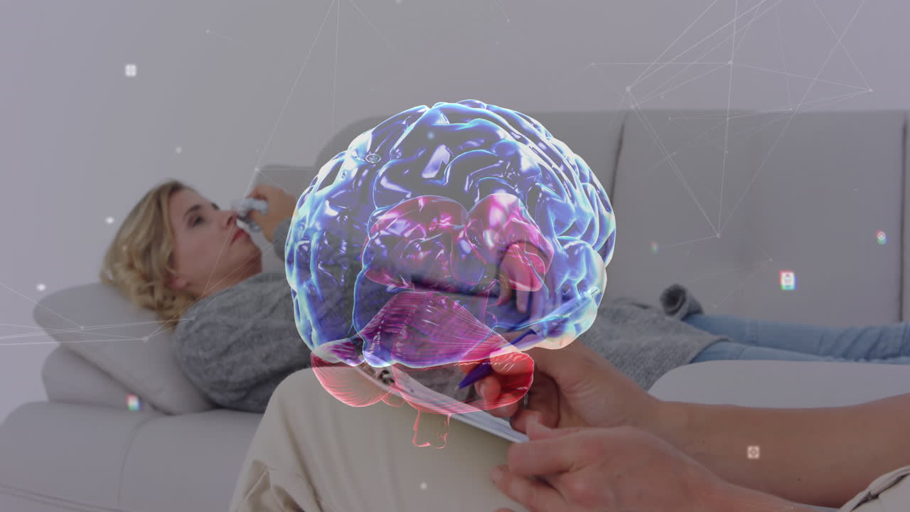 animación del cerebro digital sobre mujer caucásica consultora psicóloga