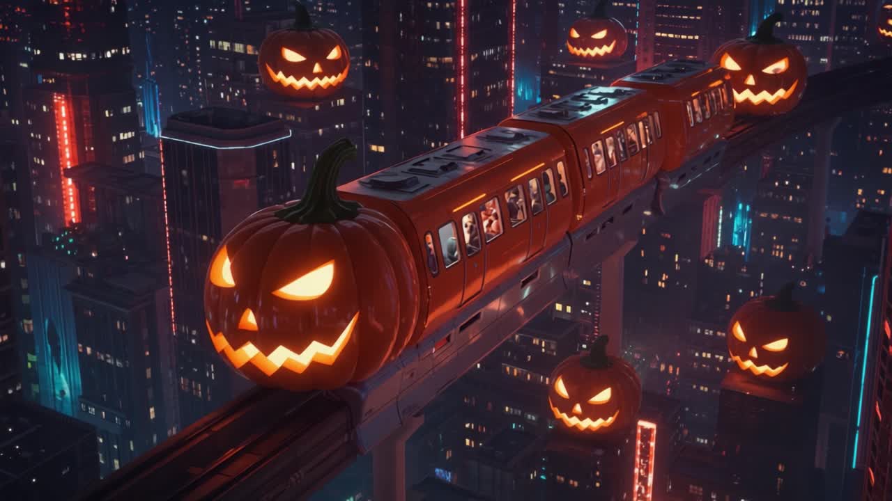 A Halloween-themed train travels through a vibrant neon cityscape, surrounded by glowing pumpkin lanterns that create an enchanting and spooky atmosphere