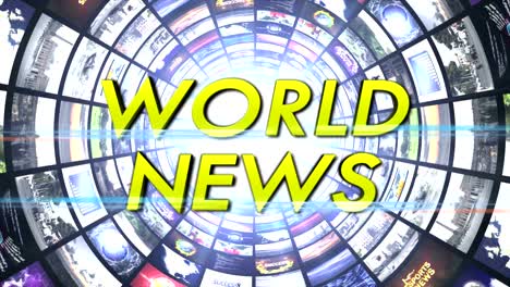 world news text animation and monitors tunnel, rendering, background, loop