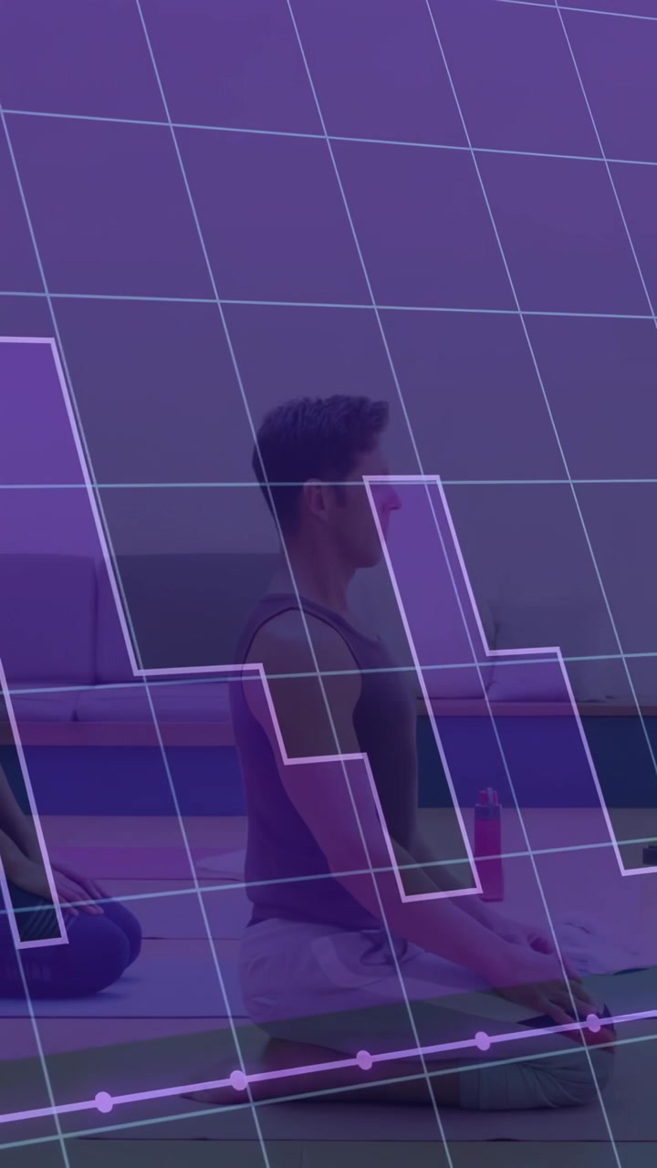Man kneeling on yoga mat holding pose at start, purple grid and line graph framing torso