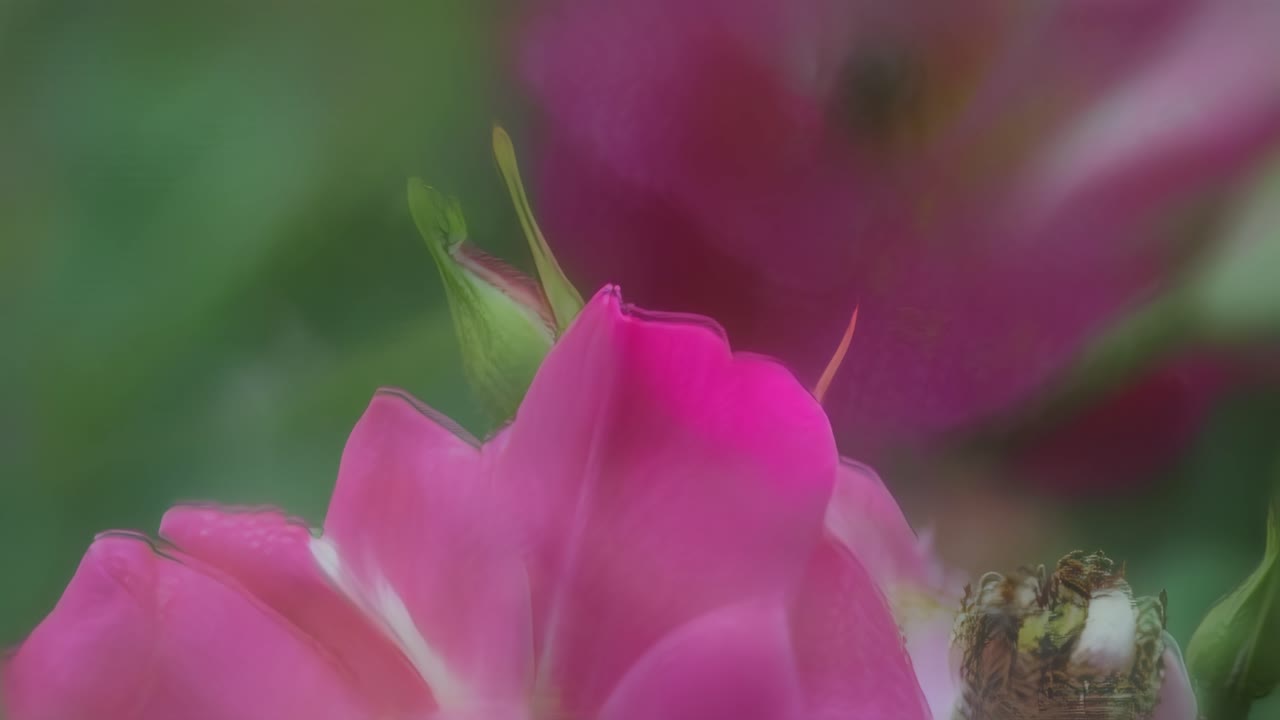 Foto makro detail dari seekor lebah yang mengumpulkan serbuk sari di dalam bunga mawar merah muda cerah yang diselimuti embun pagi atau tetesan air hujan segar