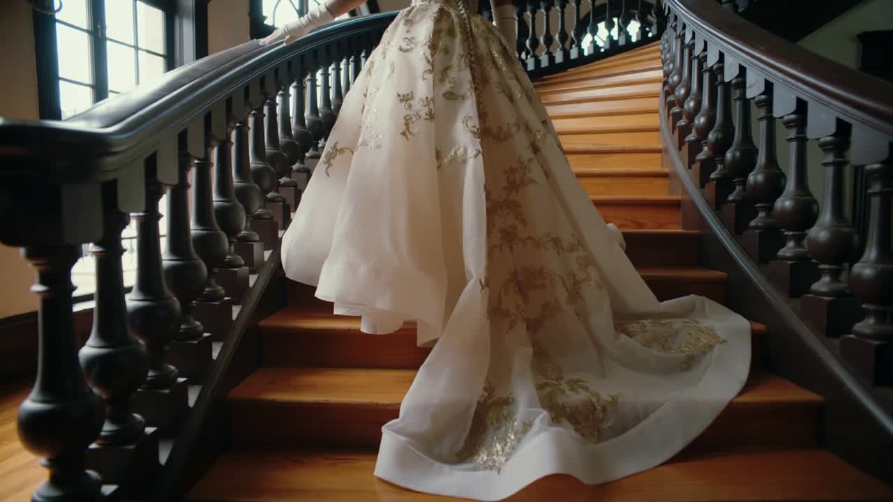 Procession beginning, ascending woman in formal gown placing gloved hand on banister up staircase