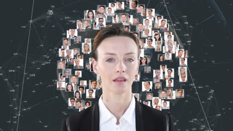 animation of a caucasian woman looking at the camera over a globe of people pictures spinning