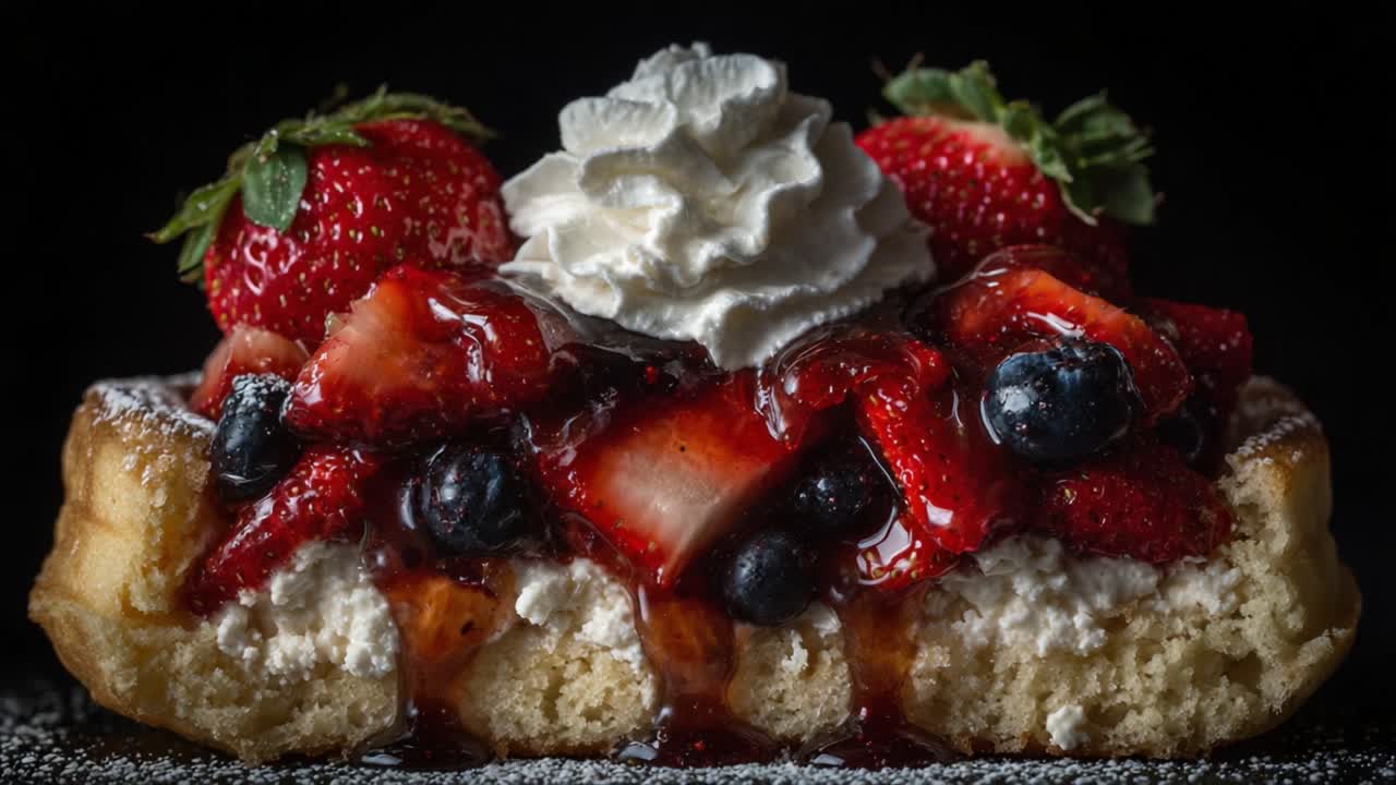 Delicious Berry Delight: A Close-Up of a Whipped Cream-Topped Dessert with Fresh Strawberries, Ripe Blueberries, and Sweet Syrup on a Fluffy Base