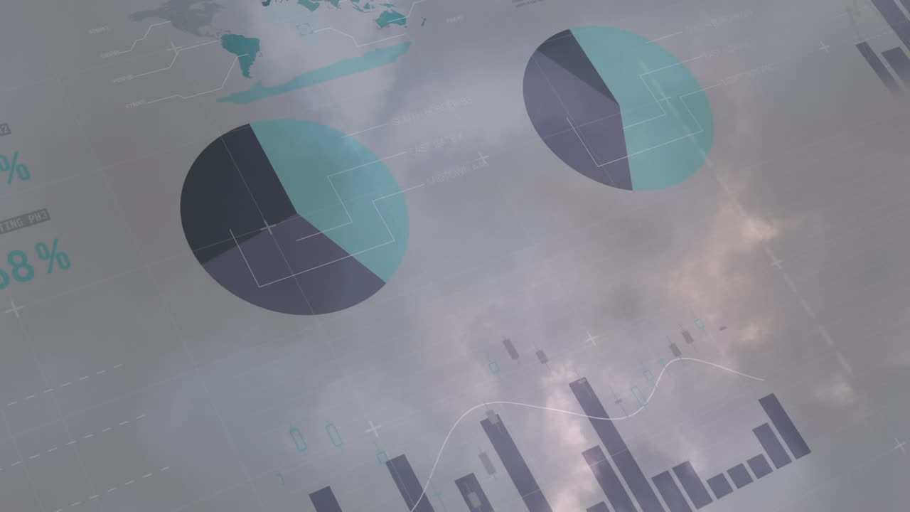animación del procesamiento de estadísticas sobre el cielo con nubes