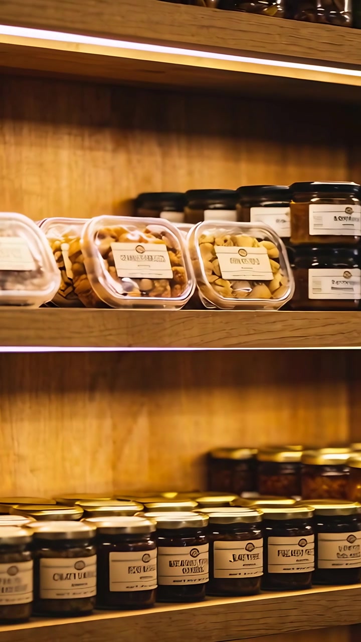 Video verticale: Inizio di una panoramica della telecamera attraverso scaffali di legno in una gastronomia che mostra contenitori a conchiglia e barattoli
