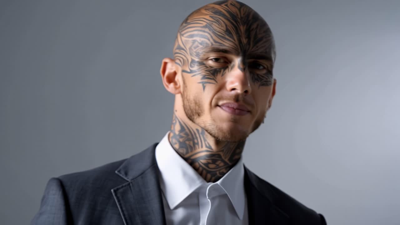 Homem com tatuagens faciais completas veste terno. Ele olha para baixo, calmo e composto. Sua expressão revela uma confiança tranquila. Ideal para temas de identidade, rebelião ou estilo.
