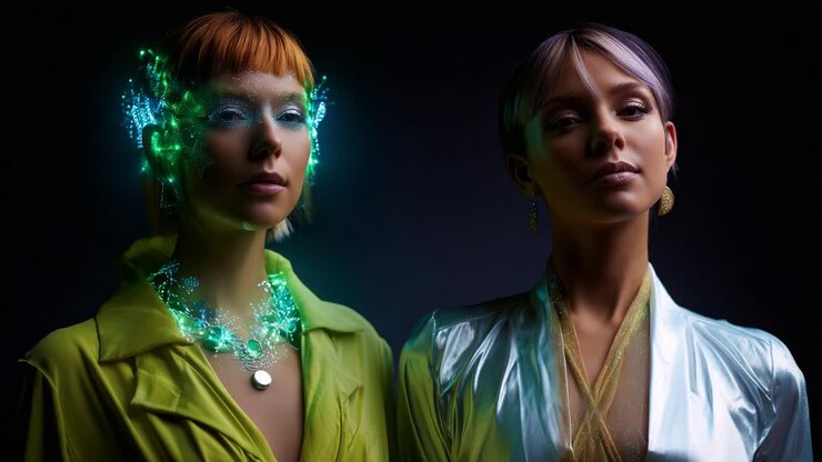 A Stunning Contrast of Styles: Two Models Display Innovative Fashion with Illuminated Accessories and Unique Hairstyles in a Captivating Dark Atmosphere, Highlighting Modern Aesthetics and Transformative Beauty