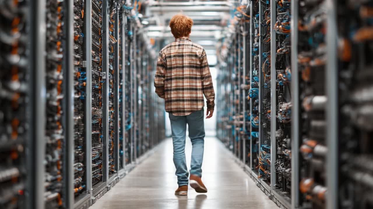 A Person Walking Through a High-Tech Data Center Filled with Network Cables and Servers, Capturing the Essence of Modern Technology and Digital Infrastructure