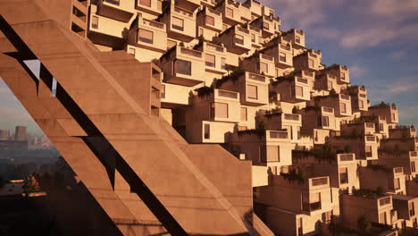 futuristic concrete apartment building with balconies and greenery