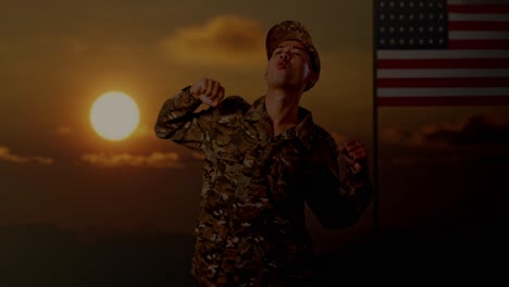 asian man soldier dancing while standing with flag of the united states, sunset time