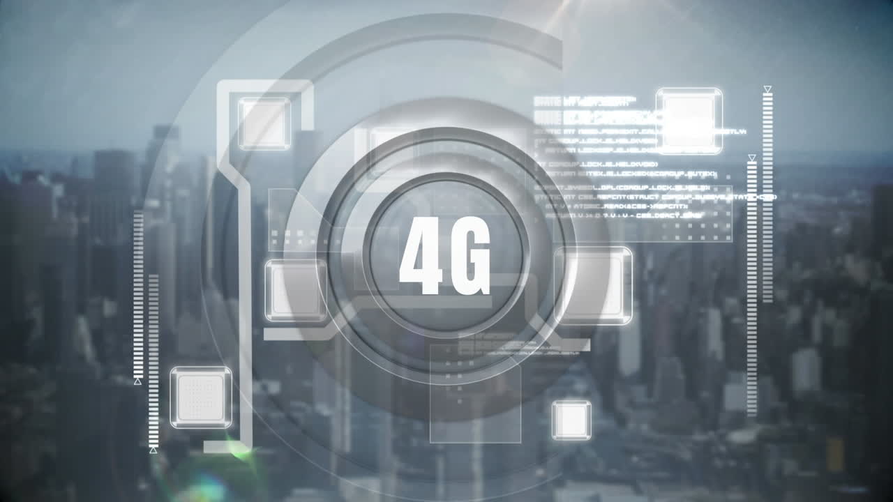 Digital animation around 4G with buildings background