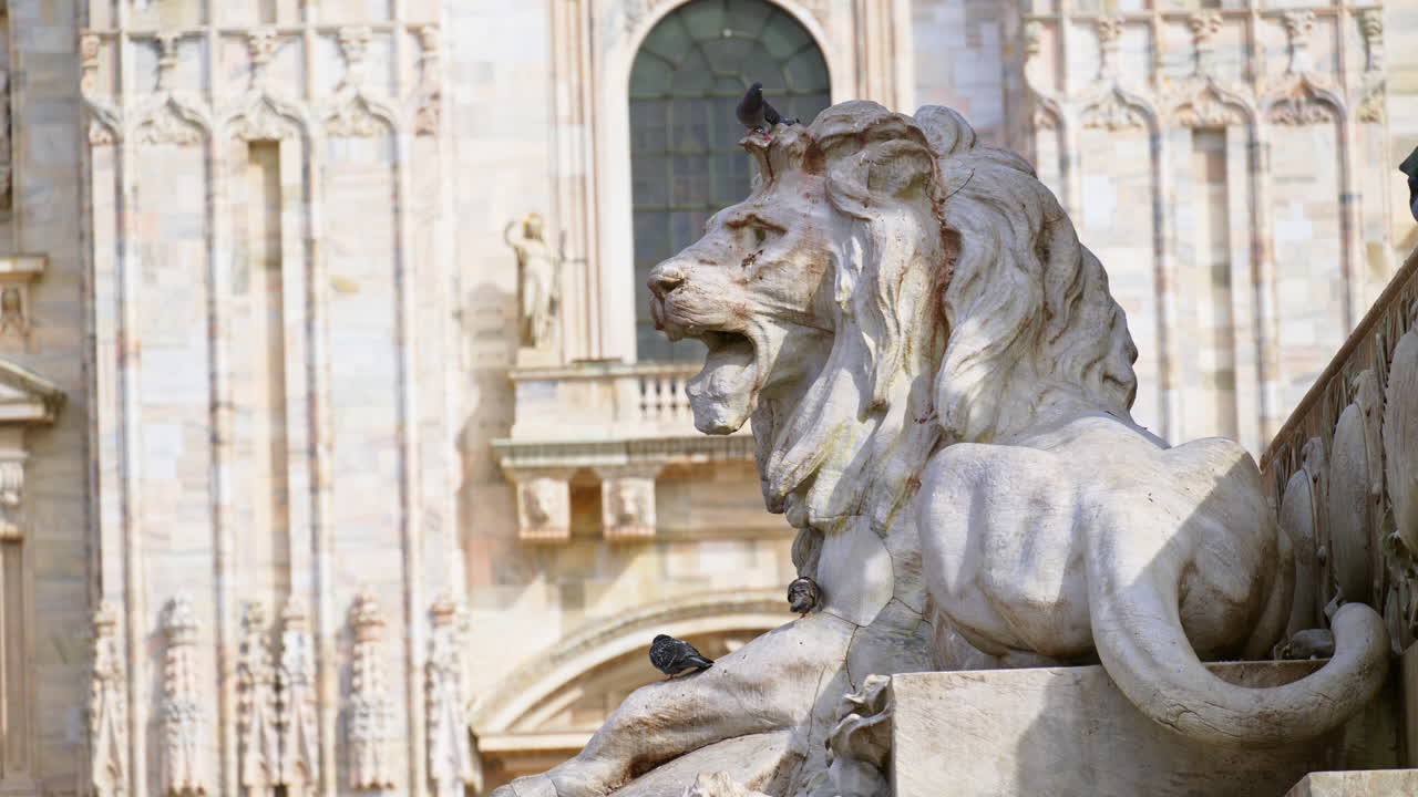 Close up of a lion statue in the Duomo Square in Milan, Italy in the daylight