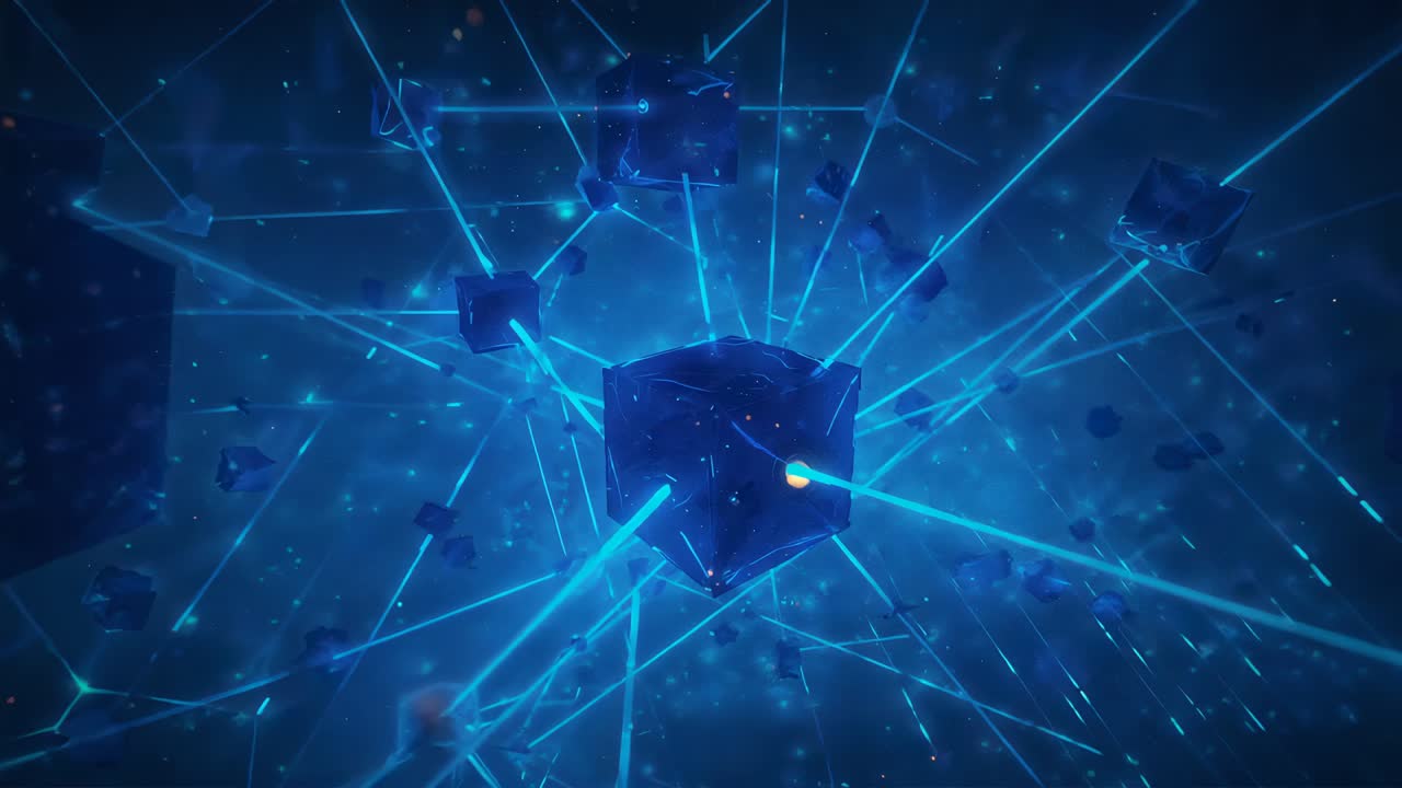 Drifting fragments linking cyan beams forming glowing cube in cosmic void, with pulsating lights