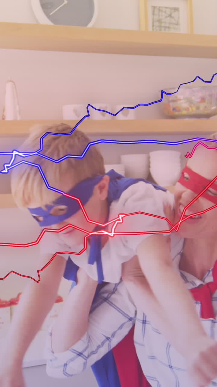 animación de olas azules y rojas sobre una feliz madre y hijo caucásicos vestidos como superhéroes