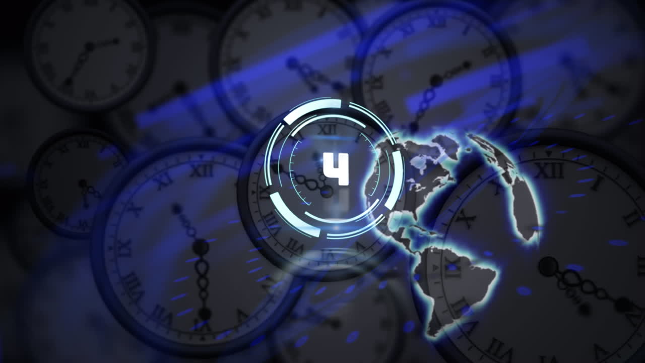 Animation of scope scanning with countdown and globe over moving clocks