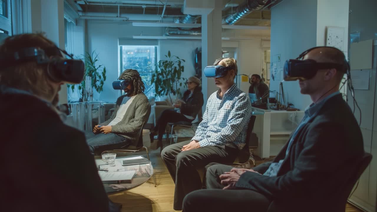 Exploring Virtual Realities: A Group Engaged in Immersive Experiences Through VR Headsets in a Modern Shared Workspace Setting, Highlighting the Emerging Technologies and Their Impact on Social Interaction