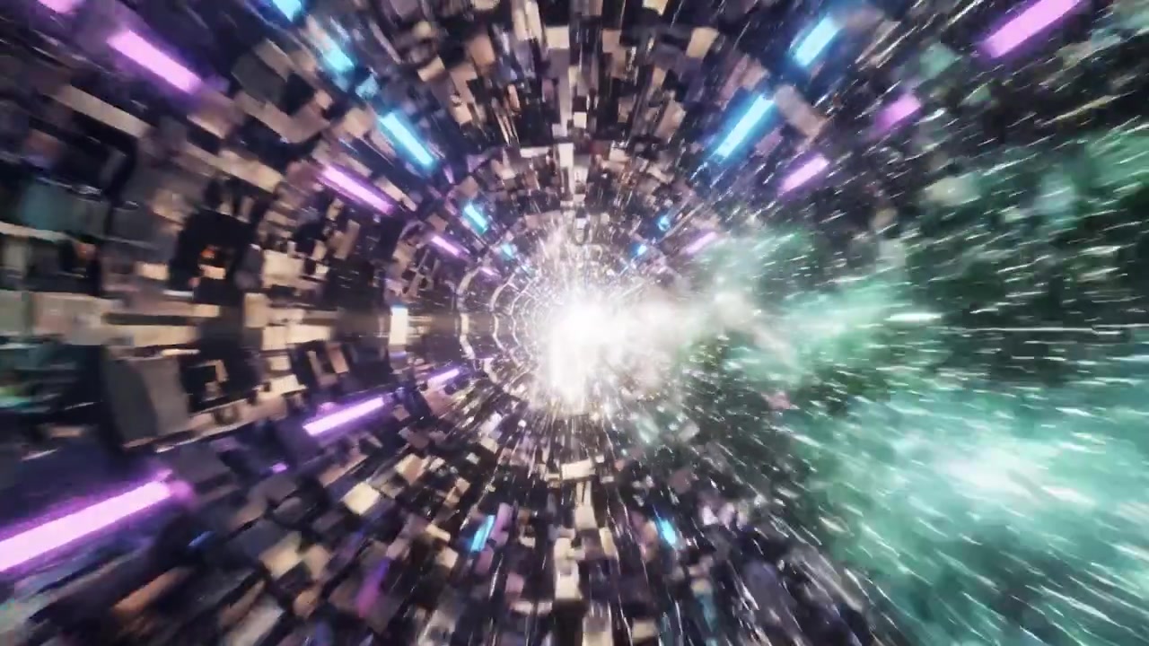 Un viaggio nello spazio: un'esplorazione visiva di scie luminose colorate ed energia cosmica in un'esperienza di tunnel iperspaziale