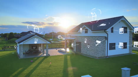 Smart-home-intelligent-house-at-sunset-with-animations-logo-of-modern-devices-for-remote-control-and-security,-environmental-friendly-eco-sustainable-building